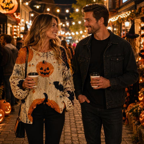 Pumpkin & Bats Open-Knit Sweater