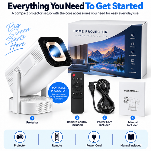 4K Portable Projector - WiFi 6, Bluetooth - Ceiling Movie Mode