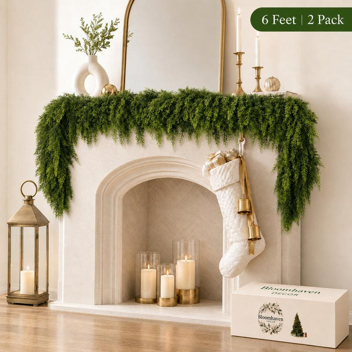 The full, draping cedar mantel. Two 6-foot garlands for one price.